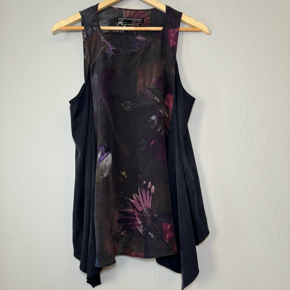 AllSaints Hummingbird Floral Racer Vest Tank Top 100% Silk Dark Floaty Size 8